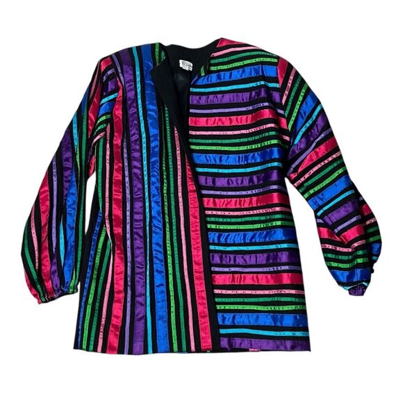 TACHI CASTILLO Jacket Multicolor Ribbon Stripes Open Front Size Medium VINTAGE - Picture 5 of 14